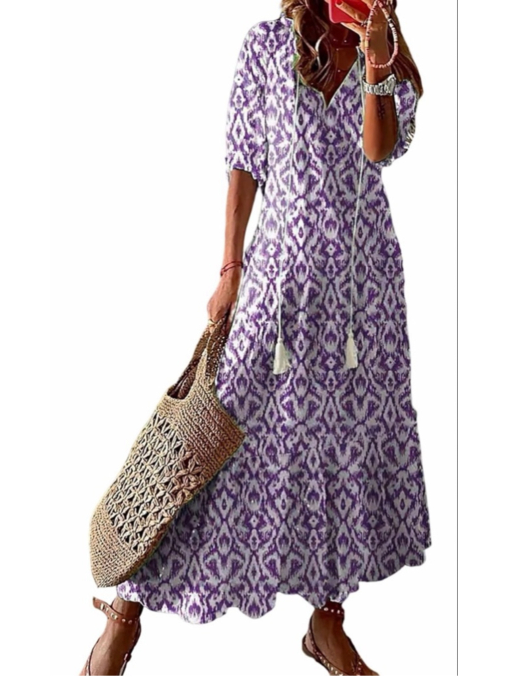 NEW Floral Loose Lightweight Beach 3/4 Ruffle Sleeve Maxi Dress V Neck A Line M